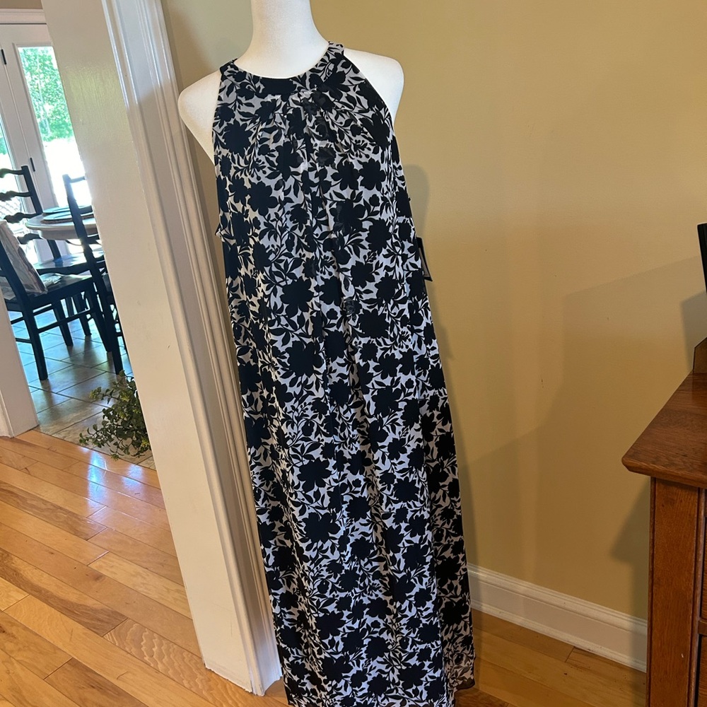 NWT Marina Black White Floral Halter Neck Maxi Dress High Neck Sleeveless